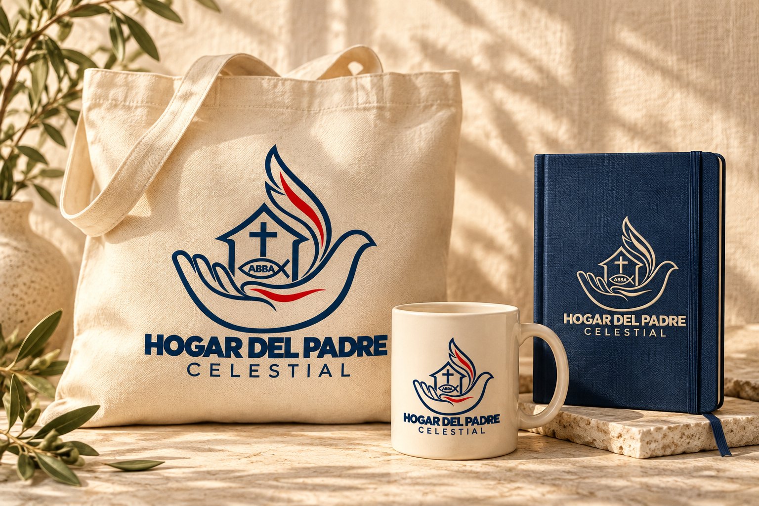 Propuesta de colección solidaria: bolsa de tela, taza y cuaderno con la marca de la fundación